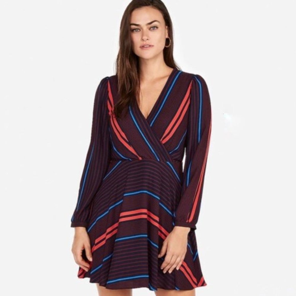 NWT EXPRESS Blue & Red Striped Long Sleeve Dress